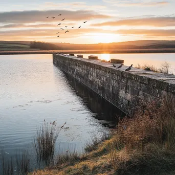 Traditional weir at sunset with calm waters and birds - Image 1