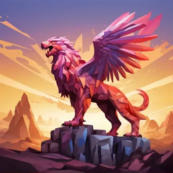 Polygonal griffin standing on a cliff during sunset with sharp shadows - Image 1