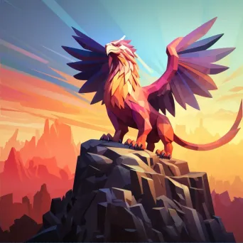 Polygonal griffin standing on a cliff during sunset with sharp shadows - Image 2