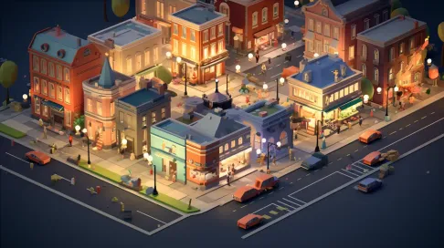 Isometric view of a bustling low poly town square at dusk - Image 4