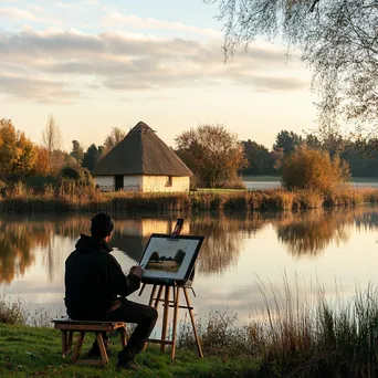 Artist painting thatched cottage by serene lake at sunset - Image 2