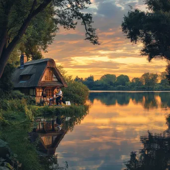 Artist painting thatched cottage by serene lake at sunset - Image 3