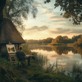 Artist painting thatched cottage by serene lake at sunset - Image 4