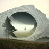 Image of an eerie landscape seen through a veil of mist, suggesting a future world - Image 1