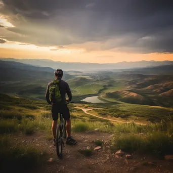 A lone cyclist resting at a mountain overlook during sunset. - Image 3