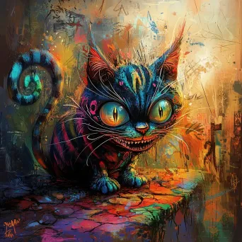 Psychedelic digital graffiti art of a meeting with the mystical Cheshire cat in Wonderland - Image 2