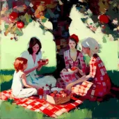 Family picnic in sunlit orchard with checkered blanket - Image 1