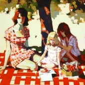 Family picnic in sunlit orchard with checkered blanket - Image 4