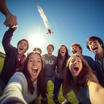 Students excitedly launching a model rocket against a blue sky. - Image 1