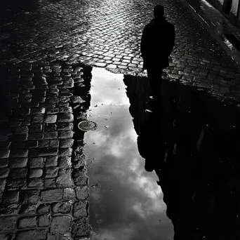 Artwork of a solitary figure reflected in a puddle on a rainy cobblestone street, in film noir style - Image 2