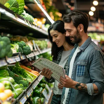 Couple shopping for healthy foods in a supermarket aisle. - Image 1