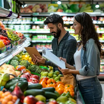 Couple shopping for healthy foods in a supermarket aisle. - Image 4