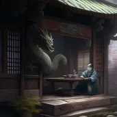 Image of a mysterious figure reading tea leaves revealing the image of a dragon - Image 1