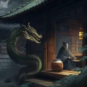 Image of a mysterious figure reading tea leaves revealing the image of a dragon - Image 2