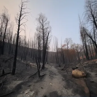 Charred landscape and smoldering trees after a wildfire - Image 1