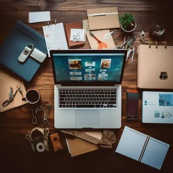 Flat lay of cybersecurity tools arranged on a wooden table - Image 2