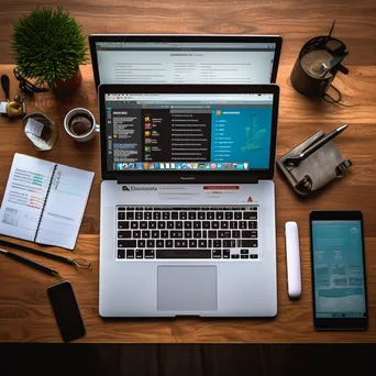 Flat lay of cybersecurity tools arranged on a wooden table - Image 3