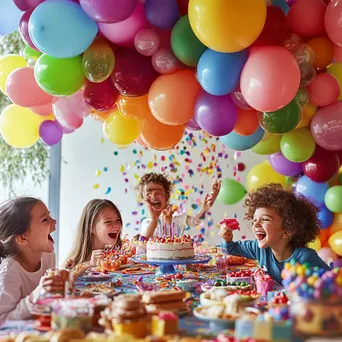 Children celebrating a birthday party with cake and colorful balloons. - Image 2