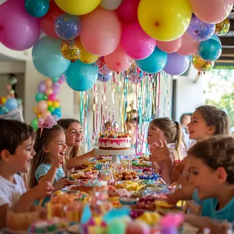 Children celebrating a birthday party with cake and colorful balloons. - Image 3