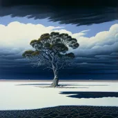 Barren Salt Flat with Lone Tree Under Stormy Sky