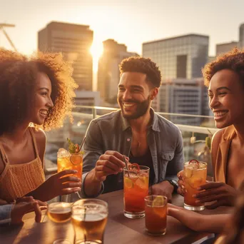 Friends clinking glasses at a rooftop bar during sunset - Image 2