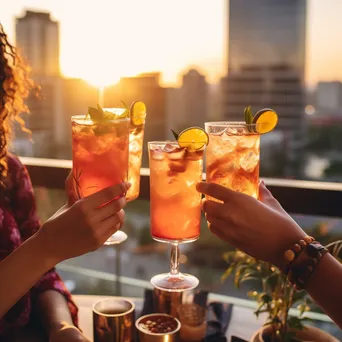 Friends clinking glasses at a rooftop bar during sunset - Image 3