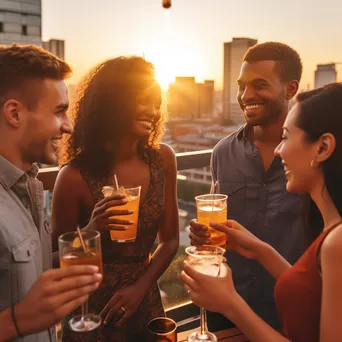 Friends clinking glasses at a rooftop bar during sunset - Image 4