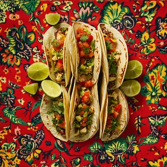 Flat lay of gourmet tacos filled with fresh ingredients and garnished with lime - Image 3