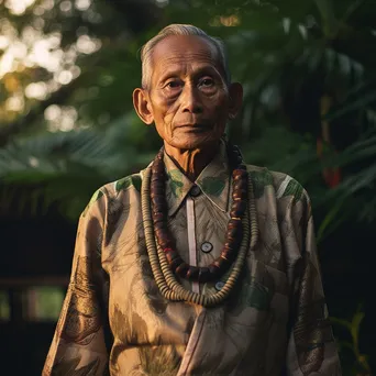 Elderly man in traditional attire in a peaceful garden - Image 2