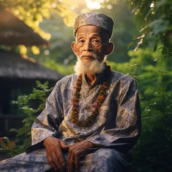 Elderly man in traditional attire in a peaceful garden - Image 4