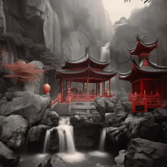 Tranquil Taoist temple in Chinese mountains with dragon statues and waterfall nearby - Image 4