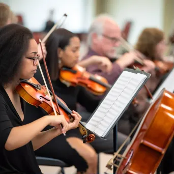 Local community orchestra performance with musicians playing classical music and conductor leading - Image 1