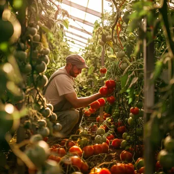 Farmer harvesting tomatoes in a greenhouse. - Image 1