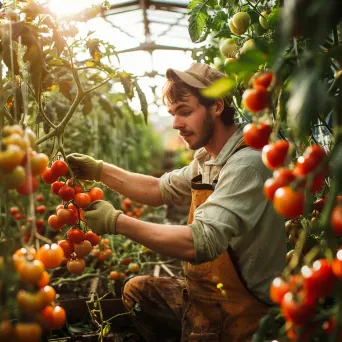 Farmer harvesting tomatoes in a greenhouse. - Image 3