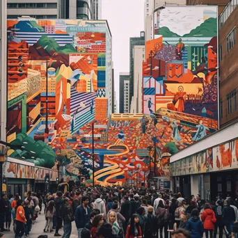 City mural with geometric patterns and pedestrians - Image 1