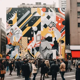 City mural with geometric patterns and pedestrians - Image 3