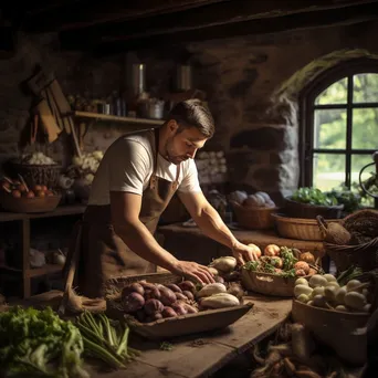 Artisan preparing food in kitchen with root cellar background. - Image 1