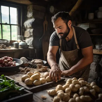 Artisan preparing food in kitchen with root cellar background. - Image 2