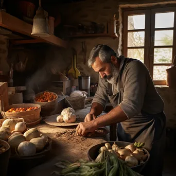 Artisan preparing food in kitchen with root cellar background. - Image 3