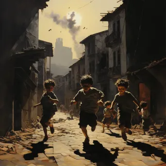 Children playing in a war-torn street, showing hope and resilience in chiaroscuro technique - Image 1