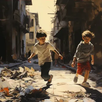 Children playing in a war-torn street, showing hope and resilience in chiaroscuro technique - Image 3