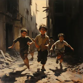 Children playing in a war-torn street, showing hope and resilience in chiaroscuro technique - Image 4