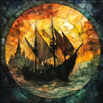 Watercolor stained glass style depiction of an ethereal ghost ship journey navigated by spectral sailors amidst nightmares - Image 1