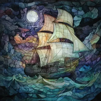 Watercolor stained glass style depiction of an ethereal ghost ship journey navigated by spectral sailors amidst nightmares - Image 2