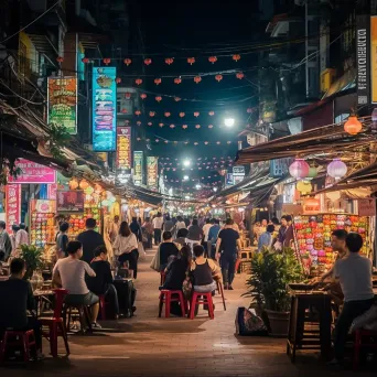 Busy night market with stalls lit up by colorful lights and bustling crowd at night - Image 1