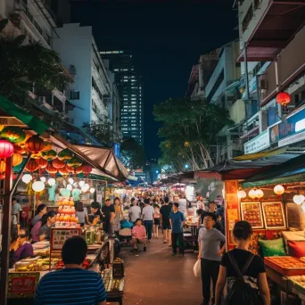 Busy night market with stalls lit up by colorful lights and bustling crowd at night - Image 3