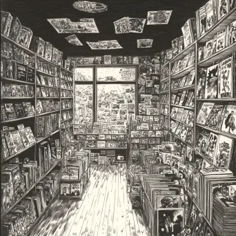 Ink drawing of a bustling 1980s comic book store - Image 2