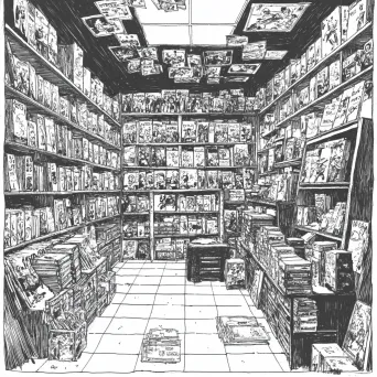 Ink drawing of a bustling 1980s comic book store - Image 3