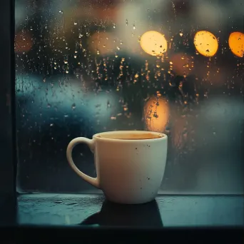 Minimalist artwork of a coffee cup reflected in a rainy window pane - Image 1