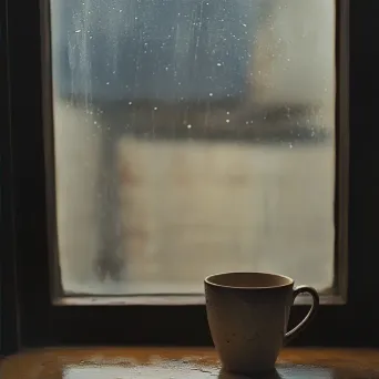 Minimalist artwork of a coffee cup reflected in a rainy window pane - Image 2